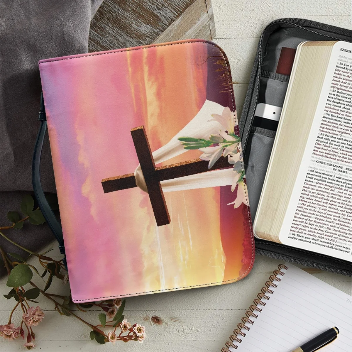 

FORUDESIGNS Bible Bag Women Sunset Cross Design Bible Storage Bags Leather Handbags Zippered Handle Christianity Bible Carrying