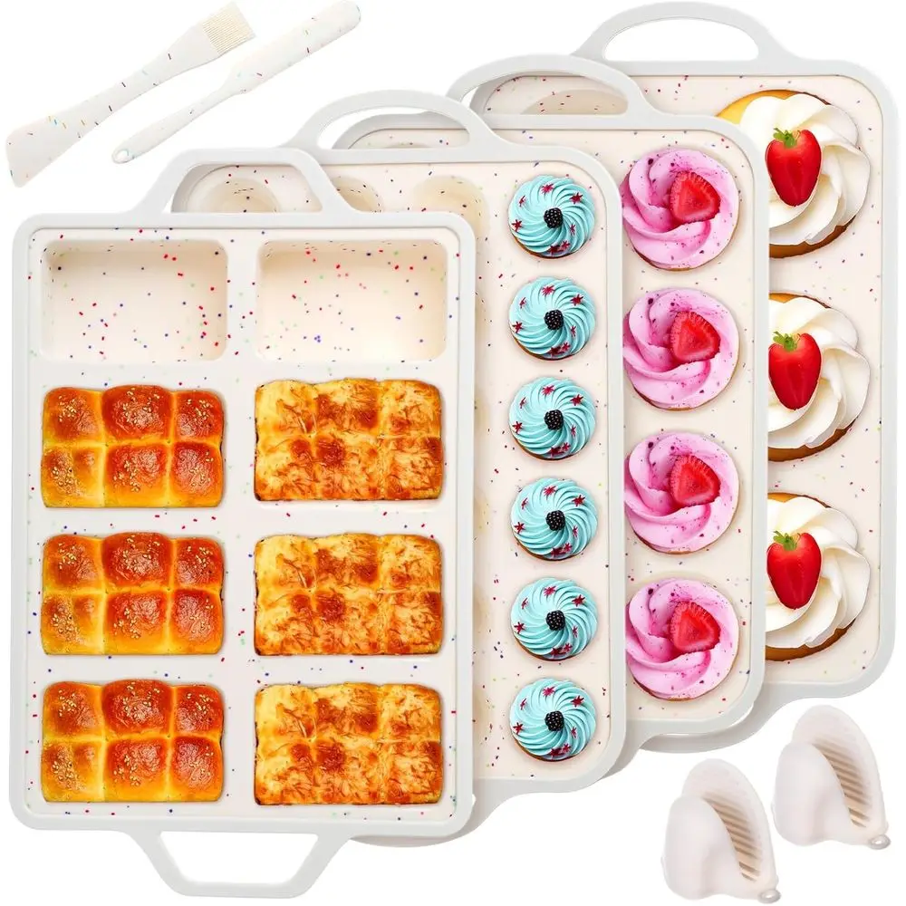 

7 Pcs Silicone Baking Pan Set with 4 Molds (Loaf, Muffin, Mini Muffin, Round), Spatula, Dual-head Pastry Brush Oven Mitts Nonsti