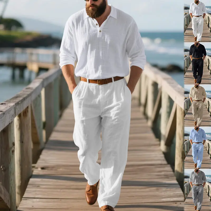 

Men's Autumn Casual Linen Loose Long Sleeve Shirt And Pants Two-Piece Set Comfortable Breathable Fashionable Men's Wear