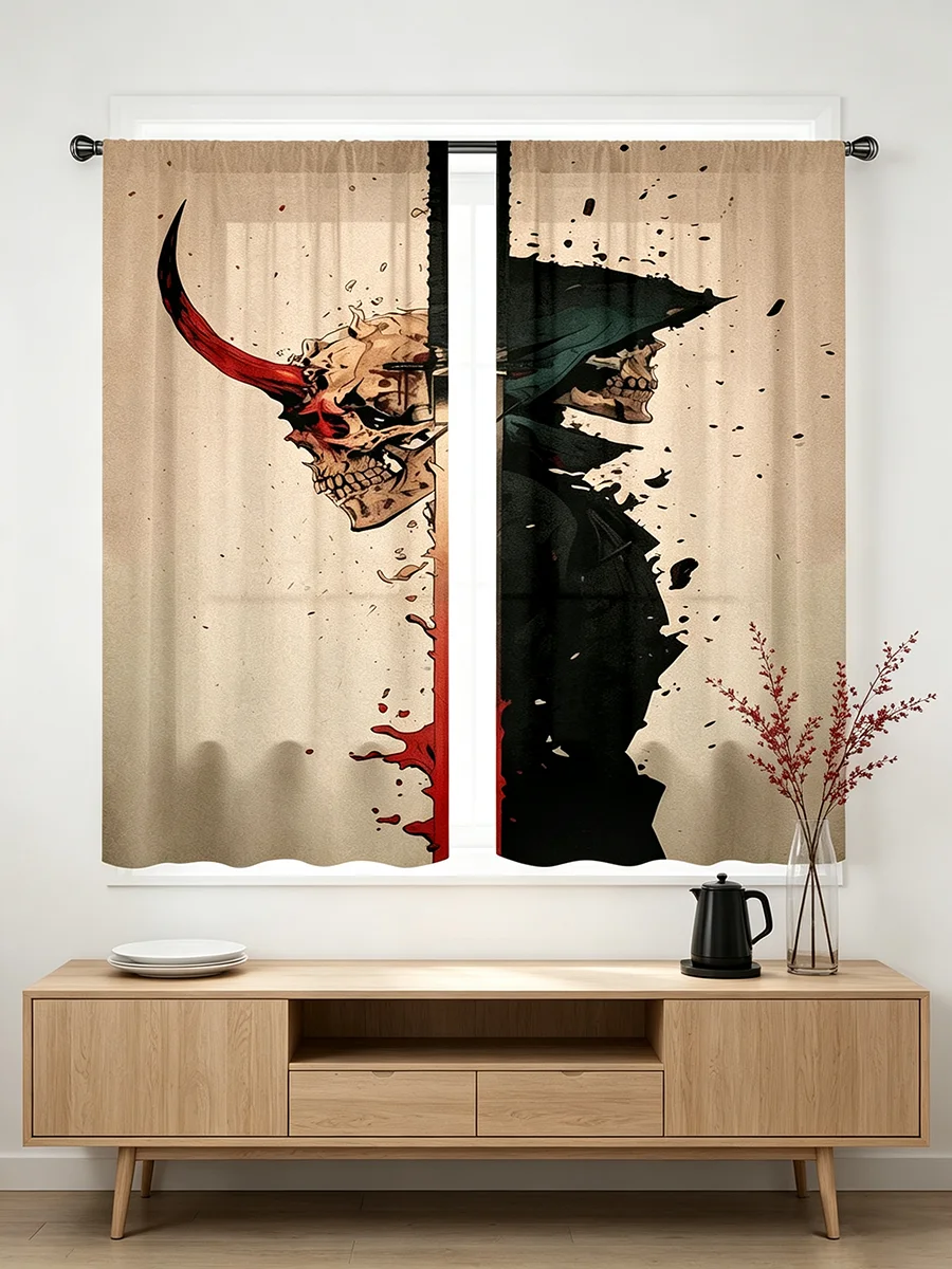 2PCS Digital Print Curtains Retro Ink Style Samurai Demon Skull Blood Splash Print Oriental Bedroom Decor Window Drapes