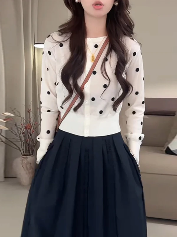 

Корейский вязаный облегающий открытый кардиган в горошек для женщин больших размеров, повседневная одежда, устойчивая к выцветанию