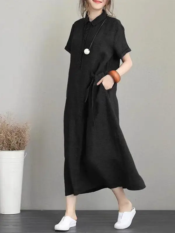 Casual Cotton Linen Short Sleeve Dress Women Summer Fashion Loose Shirt Style mid Length A-Line Skirt High Waist Breathable