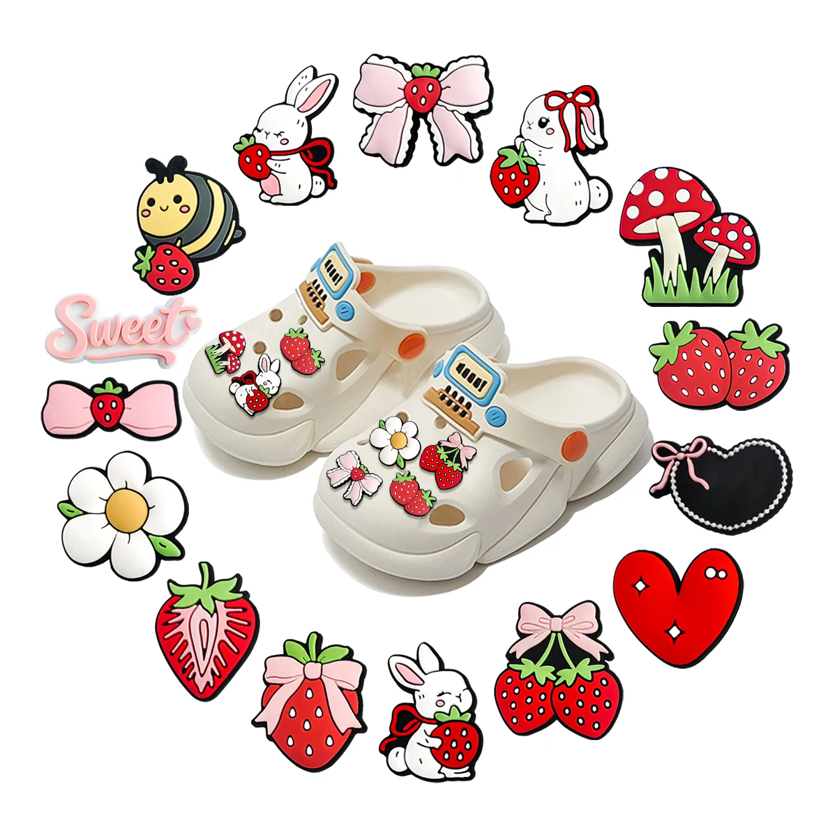 New Arrival 1-16Pcs Rabbit Strawberry PVC Sandal Accessories Mushroom Sweet Heart Shoe Charms DIY Phone Case