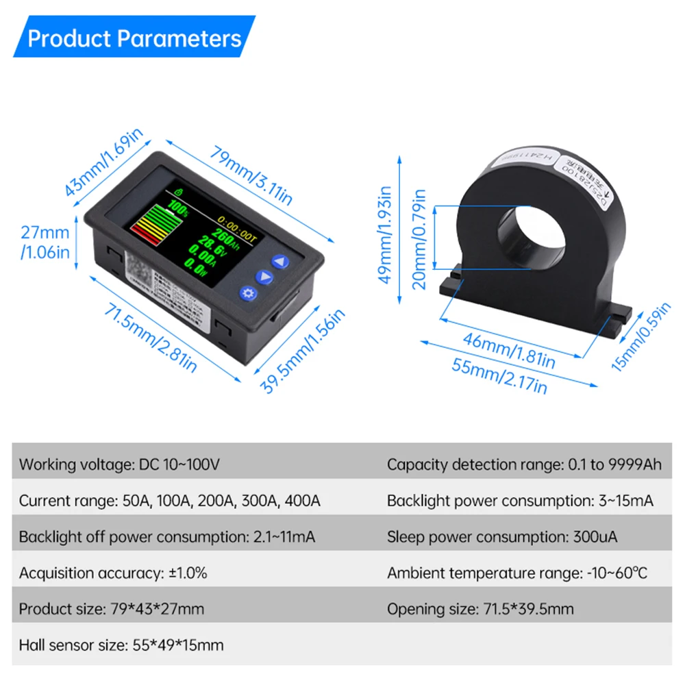 H56AH DC 10~100V Power Indicator Voltage Ammeter High Precision Color Screen Hall Coulometer Power Indicator Car voltmeter