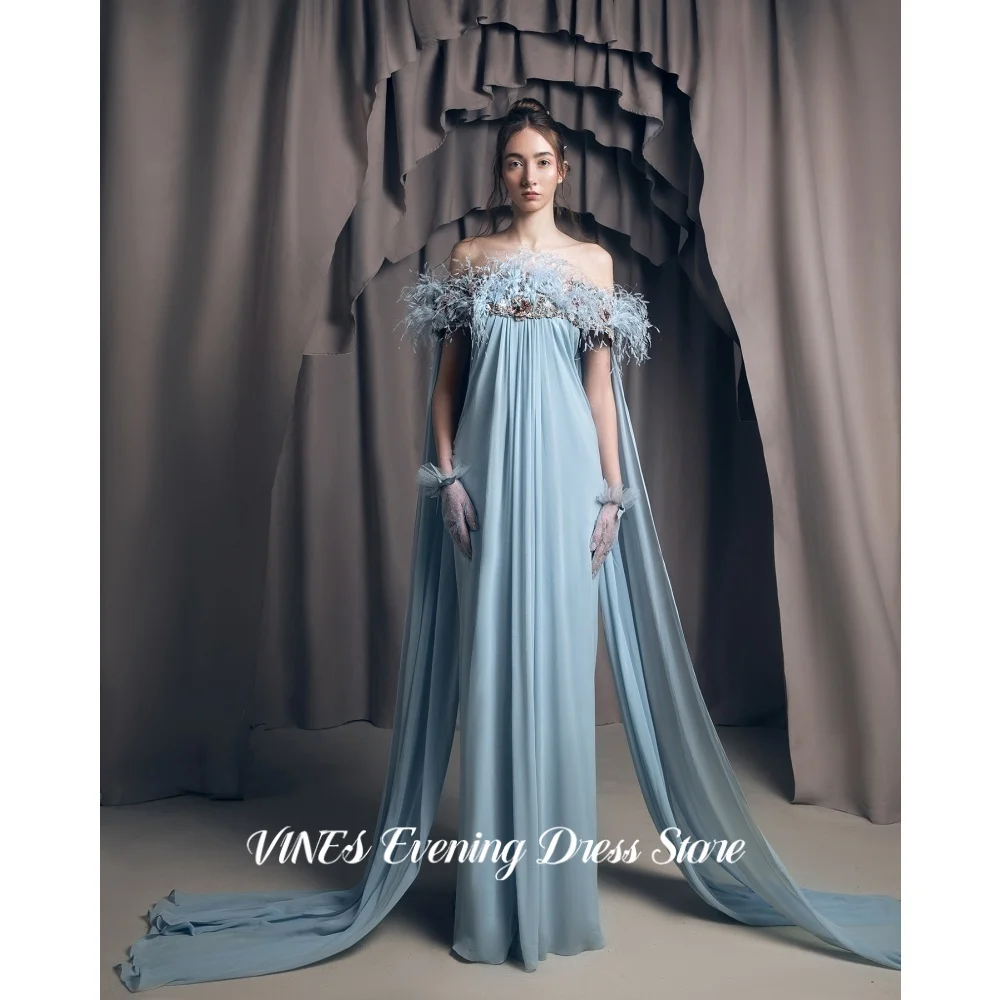 VINES Sky Blue Off Shoulder Prom Dress Chiffon Long Flowy Evening Dress With Feather And Beaded Elegant Party Dress Customized