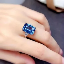 Natural London BlueTopaz Ring 10x14 Female Niche Design Sense Super London Blue Topaz Ring Japanese and Korean Simple Ring
