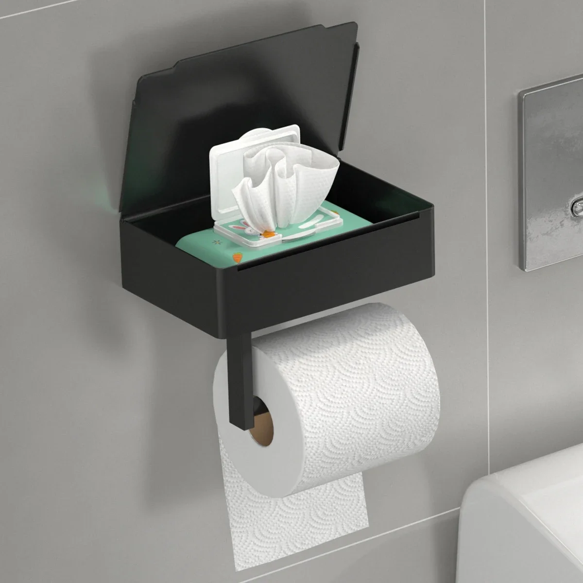2 In 1 Home Adhesive Toilet Paper Holder Box with Shelf and Storage Box Wall Mount Toilet Paper Roll Box