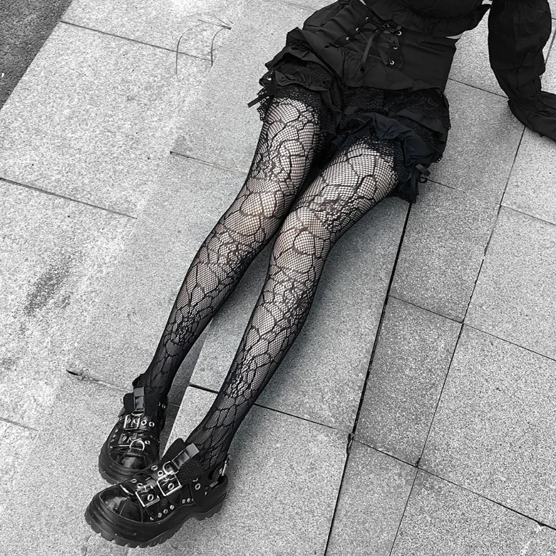 Gothic Punk Women Black Mesh Fishnet Pantyhose Spider Web Patterned Tights Stockings Lingerie Halloween Fancy Dress Costume