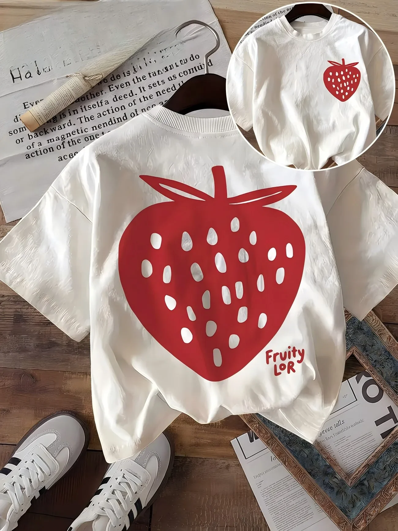 Vintage Erdbeer-Frucht-Grafik T-Shirt Ästhetische Sommer-Vibes Damenmode Locker Lässig Urlaub Kurzarm-Oberteil Tee