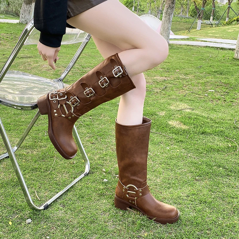 Damskie buty kowbojskie 2024 jesieล nowa klamra paska damskie buty Marton brytyjskie dลugie buty damskie