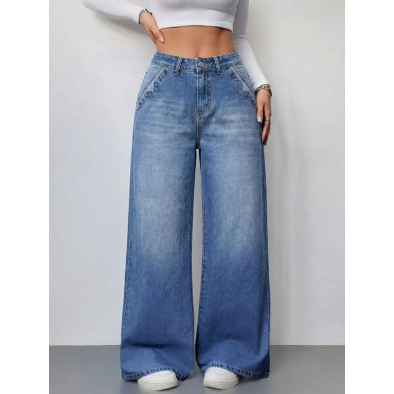 Women Vintage Blue Wide Leg Jeans 2026 Summer New High Waist Washed Loose Denim Pants Streetwear