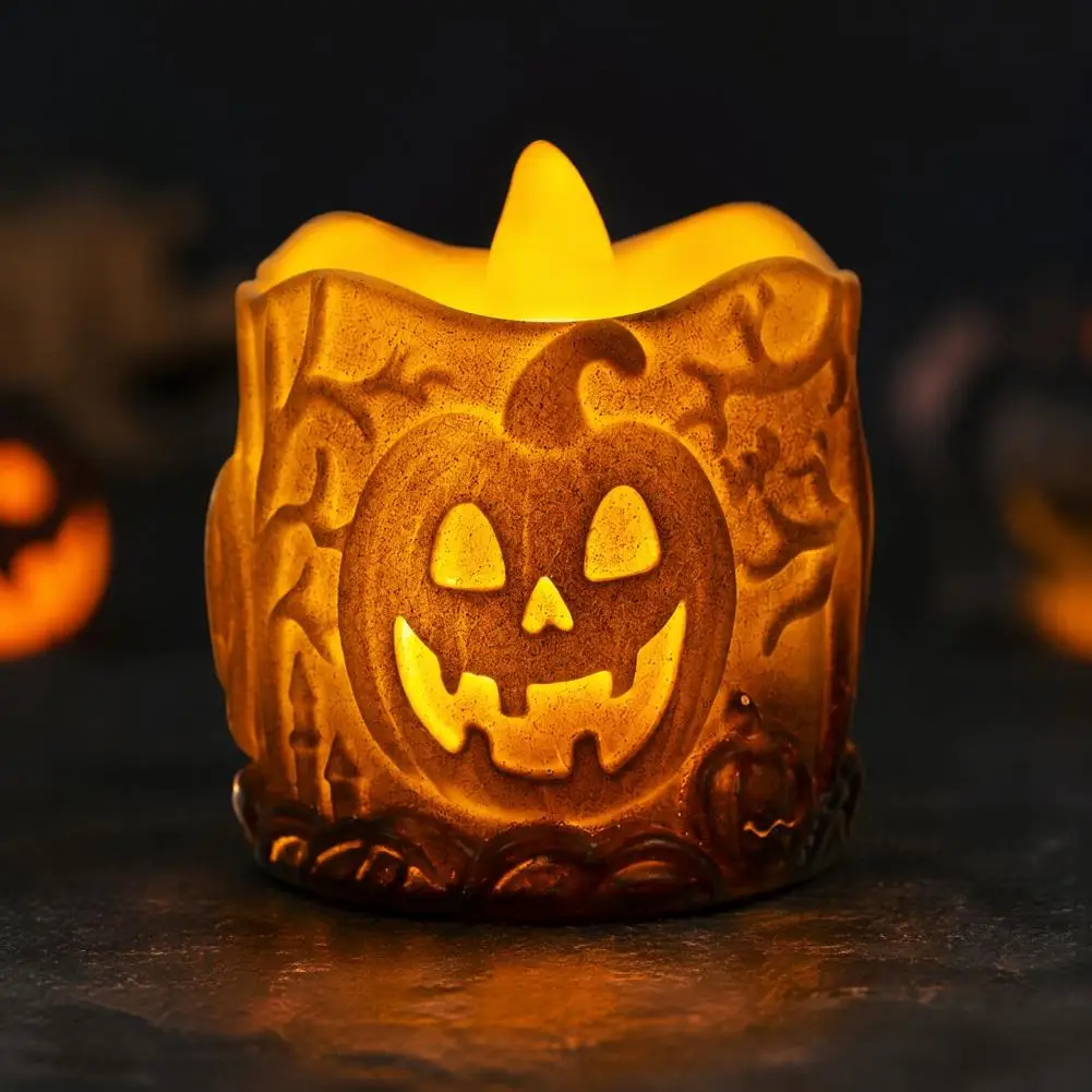 Halloween Pumpkin Lantern Durable Enamel Pumpkin Light Halloween Led Pumpkin Candle Flameless Tealight Embossed Resin Lantern