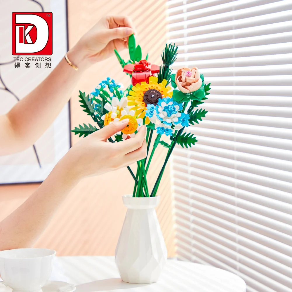 

600 шт., консервированный конструктор розы и подсолнуха с вазой, ботаническая коллекция, цветочная композиция, подробные кирпичи для дома и офиса, подарок