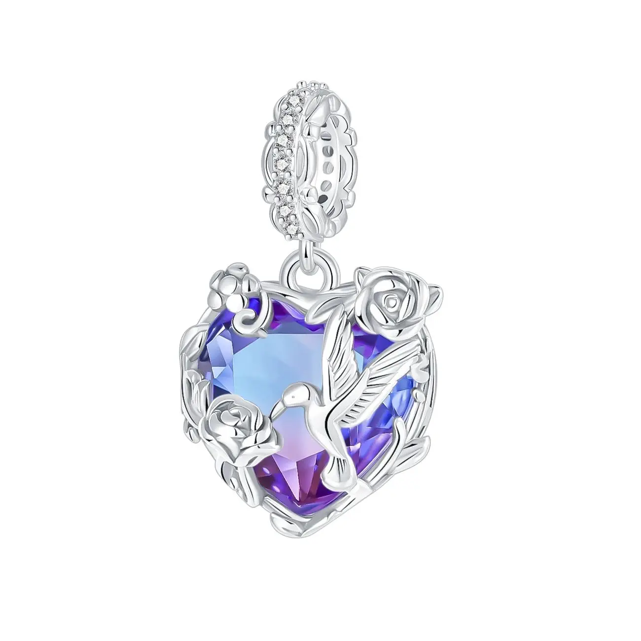 

Colorful Charm 925 Sterling Silver Heart-shaped Zirconia Hummingbird Pendant Fit Original Charm Bracelets Women DIY Jewelry Gift