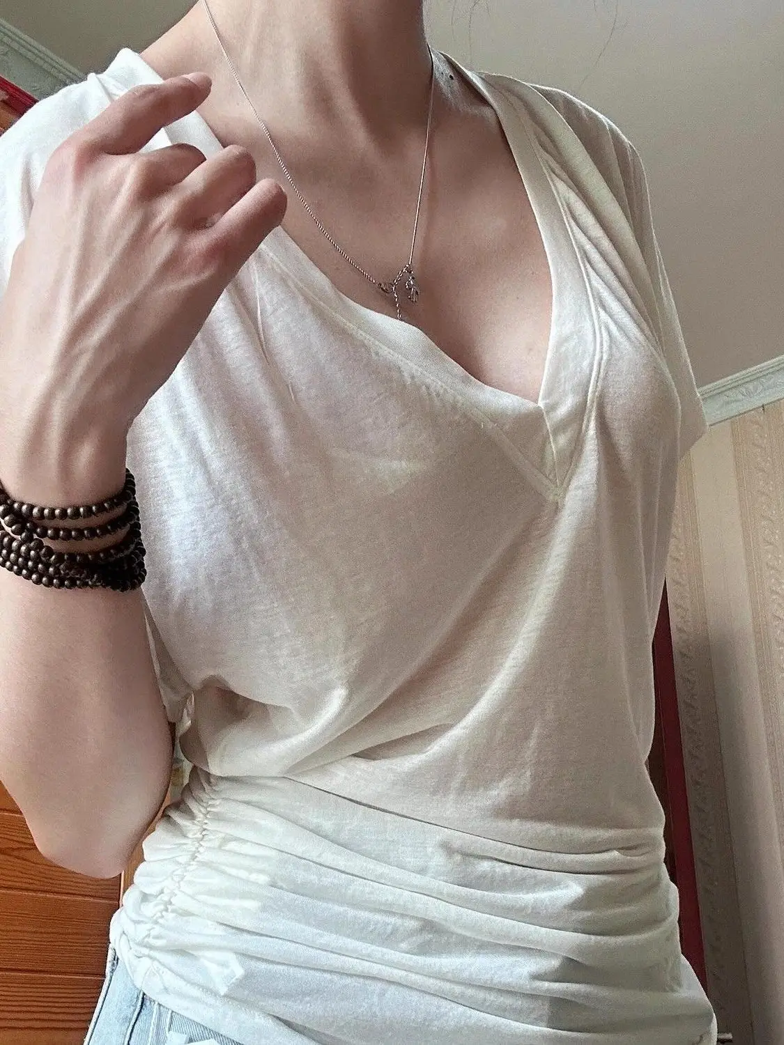plus Size Pure Cotton V-Neck T-Shirt Women's Loose Waist-Cinching Gathered Top Summer Casual Leisure Fashionable