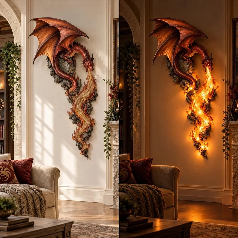 Dragon Wall Sculpture LED Light Fire Breathing Dragon Wall Art Decor Resin Statue Ornament for Home Living Room Gothic Wall Hang - view 6