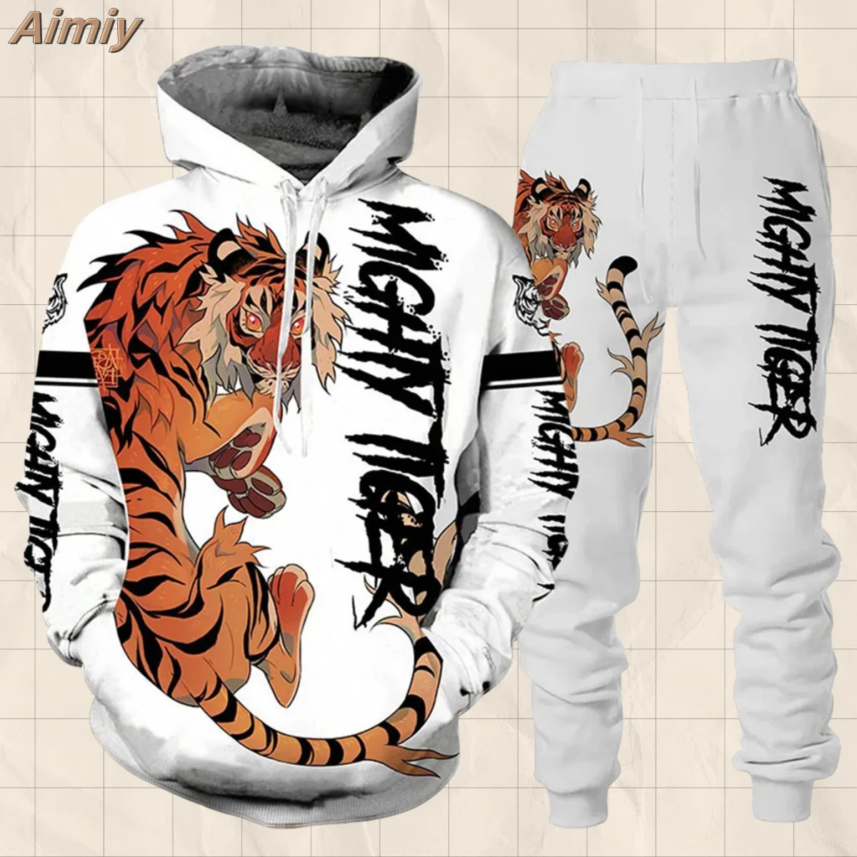 Agasalho masculino animal 3d tigre impresso moletom com capuz + calças terno 2 pçs sportwear conjunto de treino dos homens roupas de grife