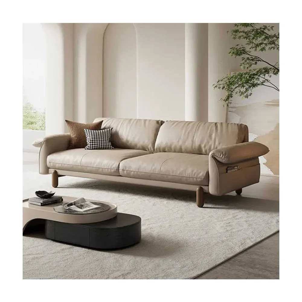 

Italian Leather Living Room Sofas Minimalist Straight Row Small Apartment Luxury Modern Wooden Sofa