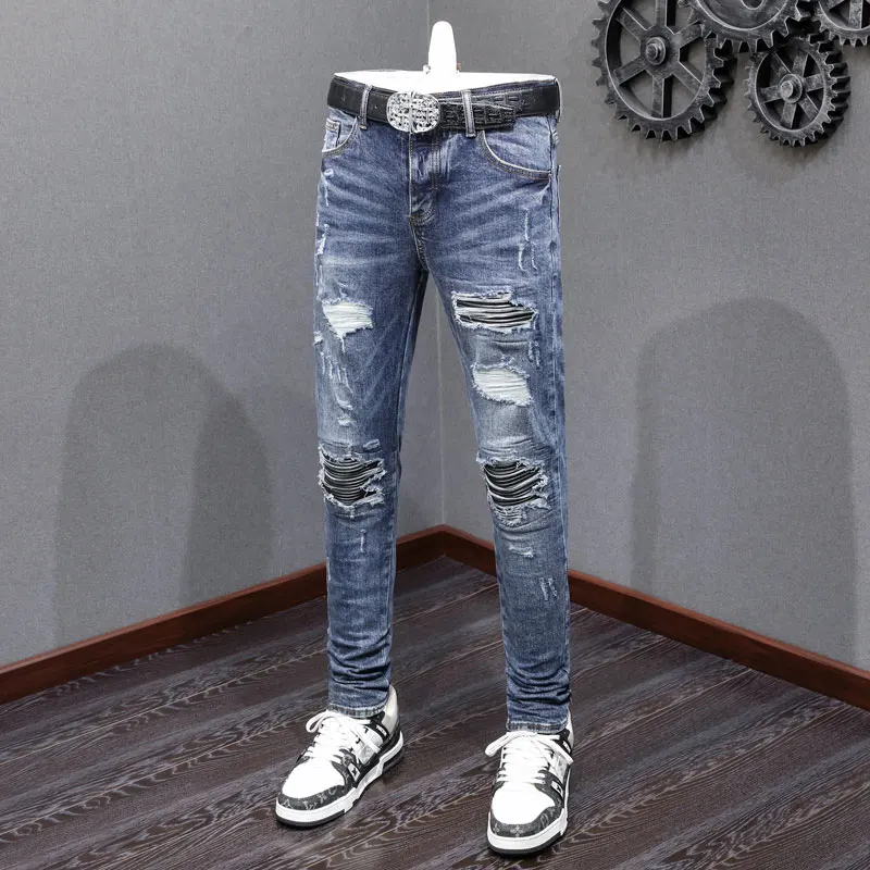 

Street Fashion Men Jeans Retro Dark Blue Stretch Skinny Fit Ripped Jeans Men Leather Patched Brand Designer Hip Hop Pants Hombre