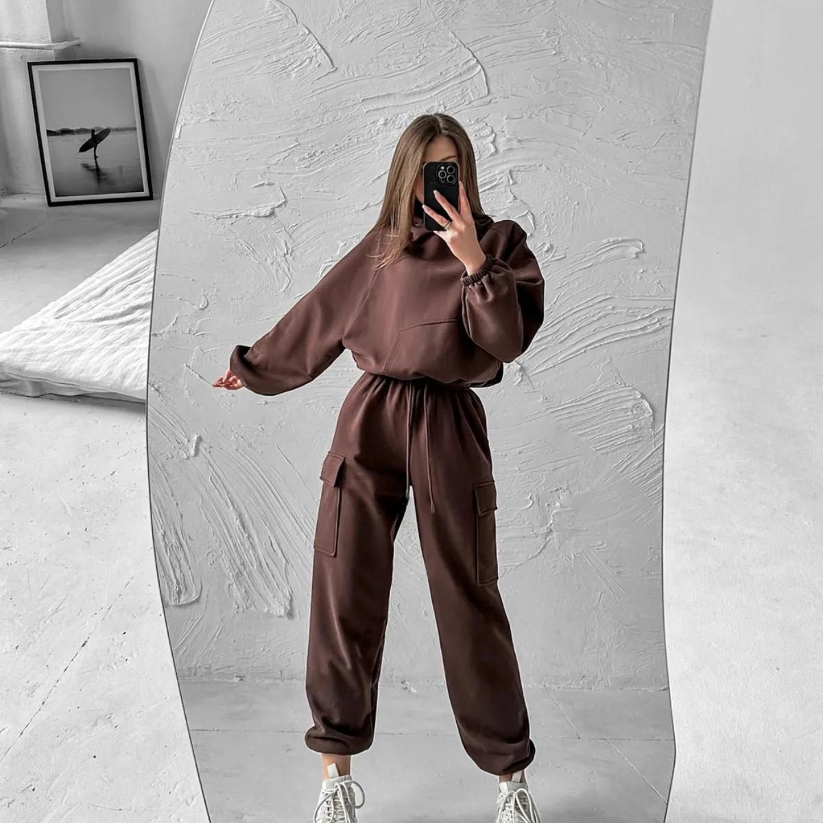Women\'s Hoodie Set Solid Color Pullovers Kangaroo Pocket Sweatshirt Cargo Pants Set Drawstring Loose Casual Female\'s 2pcs Sets