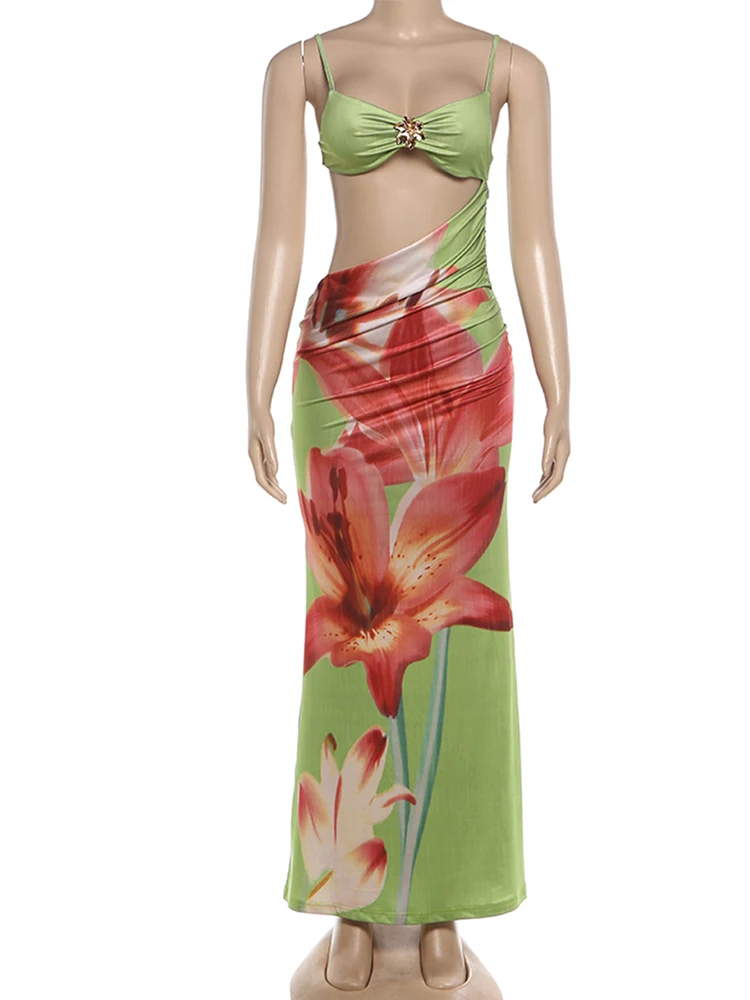 Whatiwear vakantiejurk vrouw bloemenprint metalen decoratie lage hals holle navel blootgesteld ontwerp strandstijl elegante vestidos