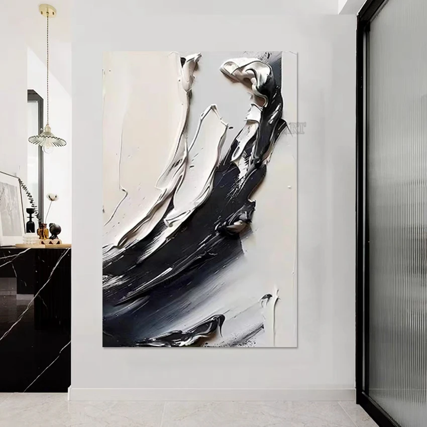 Pure Handmade Abstract Wall Oil Painting, Acrylic Murals Art, Black and White, Hotel Porch, Decorative Canvas Artwork