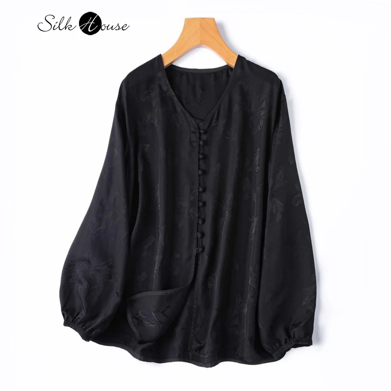 

Exquisite Palace Style 20MM 100% Natural Mulberry Silk Jacquard SangBo Satin V-neck Black/White Solid Color Lantern Sleeve Shirt