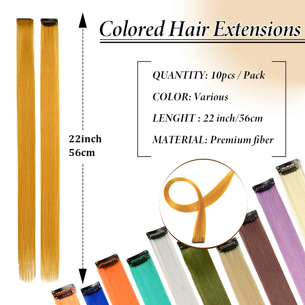 Extensões sintéticas de cabelo liso para mulheres, grampo no cabelo, cabelo colorido do destaque, presentes do cosplay da festa, 22 ", 10 pcs