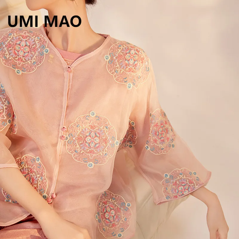 UMI MAO New Chinese Style Lotus Root Powder Colored Mulberry Silk Shirt Summer Thin Design High-end Heavy-duty Embroidery Top