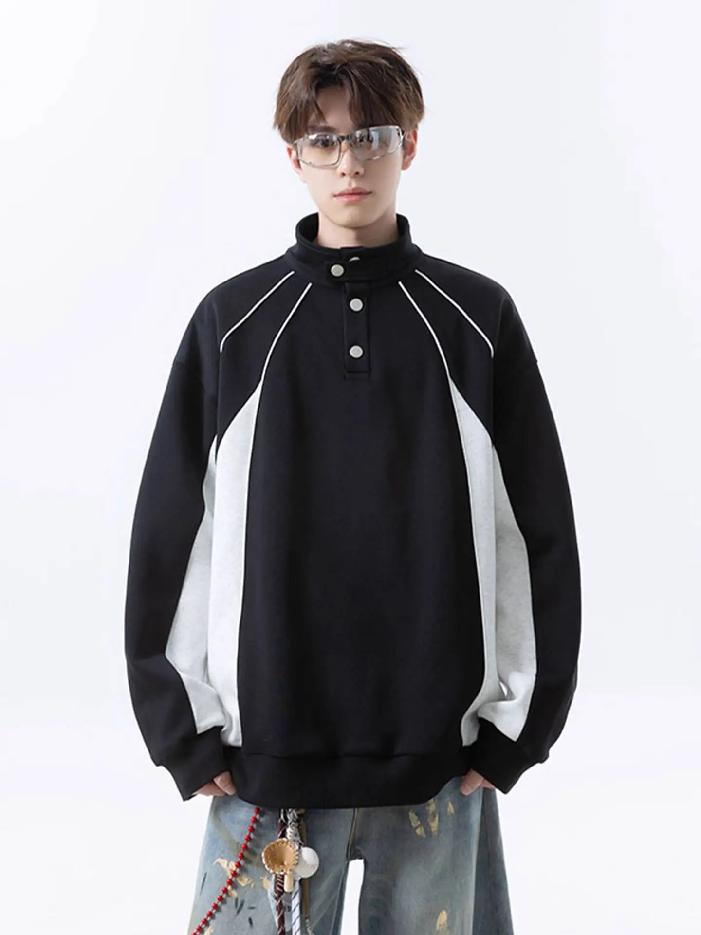

Men's Sweatshirt Autumn Retro Color Block Stand Collar Sweatshirt High Street Stylish Sporty Long Sleeve Top With Premium Vibe