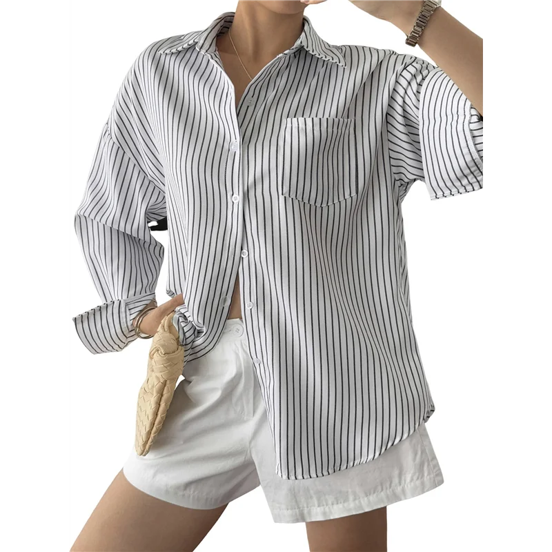 

CGS-Женские рубашки на пуговицах, официальные рубашки в полоску, длинные рукава, лацканы, рубашки для офиса, топы