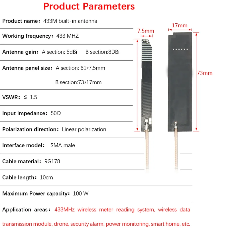 433MHZ wireless module antenna LoRa Built-in PCB / FPC Antenna cable RG178 length 10cm Omnidirectional high gain 5-8dbi SMA male