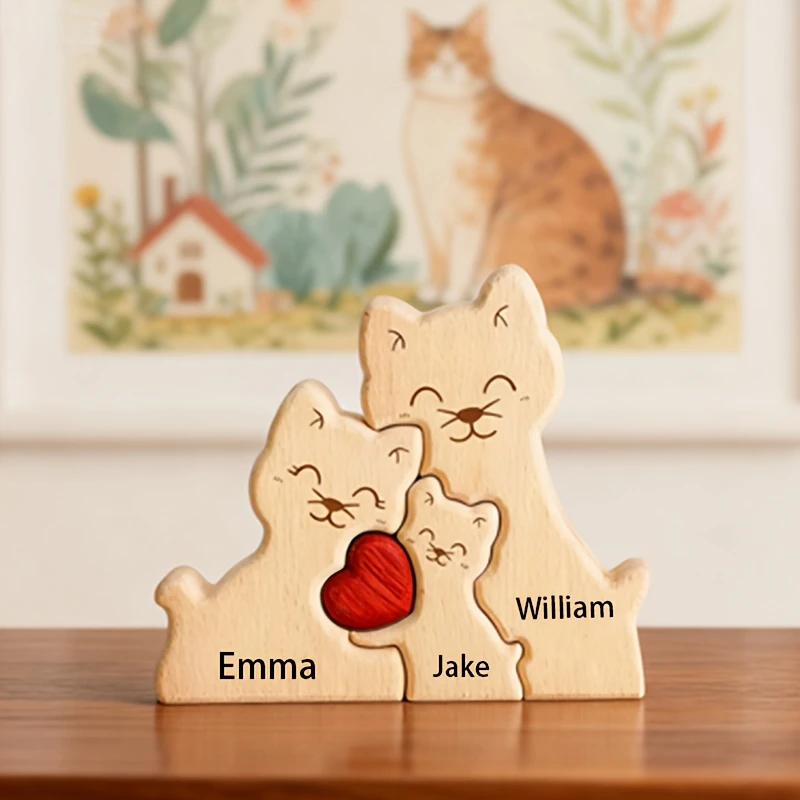 Customized Name Wooden Cat Art Handmade Decor Ornament Personalized Gift for Mother's Day Thanksgiving Christmas Family Crafts