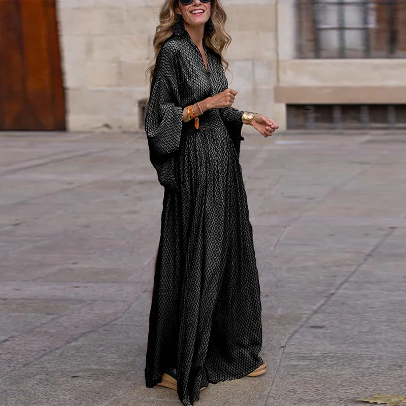 Sexy Ladies V-neck Printed Long Dress Autumn Fashion Flare Sleeves High Waist Bohemian Dress 2023 Elegant Pleated Robe Dresses