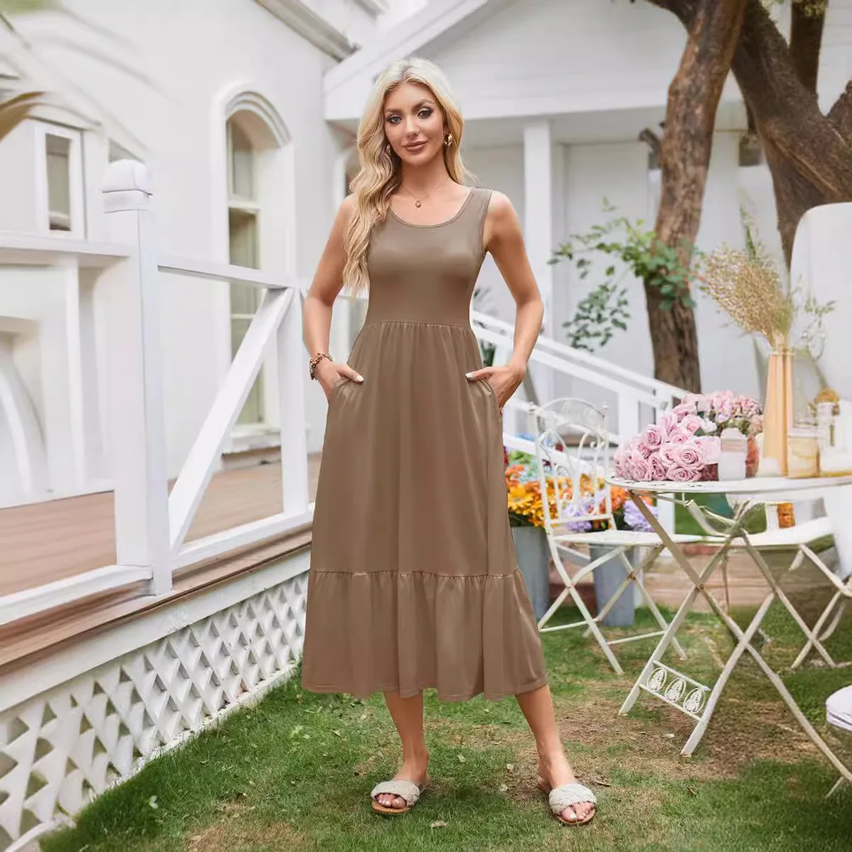2025 Dresses For Women Summer Casual Summer Beach Party Pleated Maxi Dress Women'S Square Neck Pleated Swing Dress With Pockets