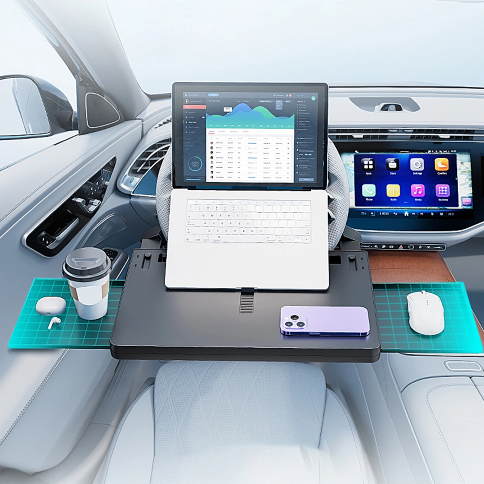 

Car Desk with Dual Slide-Out Trays Car Steering Wheel Desk Adjustable Laptop Tray for Eating Food Drink and Writing Laptop Work