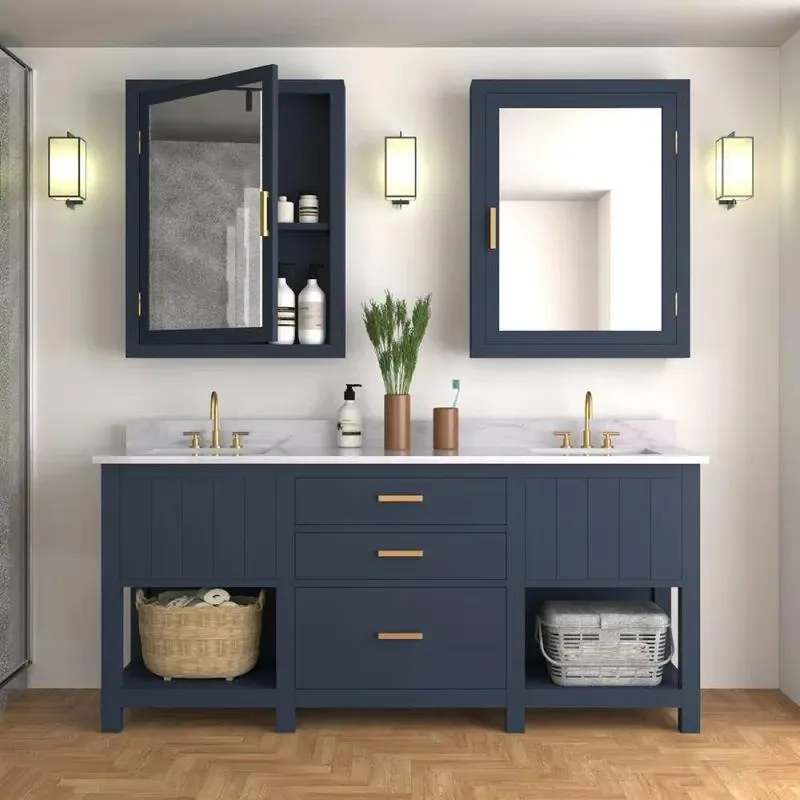 Modern Custom Blue Floor Standing Plywood Bathroom Double Vanity Cabinet