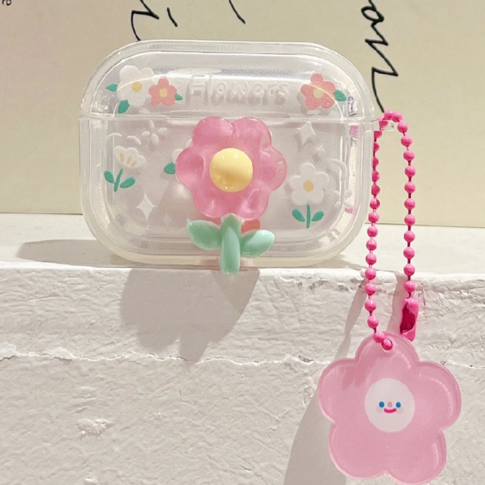 Funda de lujo con flores 3D para AirPods Pro 2, carcasa transparente para auriculares con Bluetooth, colgante de Smiley, llavero, 1, 2, 3
