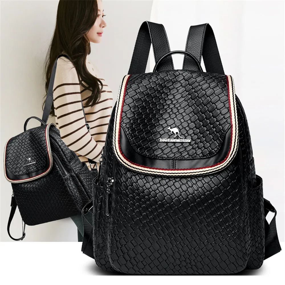 High Quality Stone Pattern Soft Leather Women Backpacks Large Capacity School Bookbags Teenage Girls Sac A Dos Travel BagPack