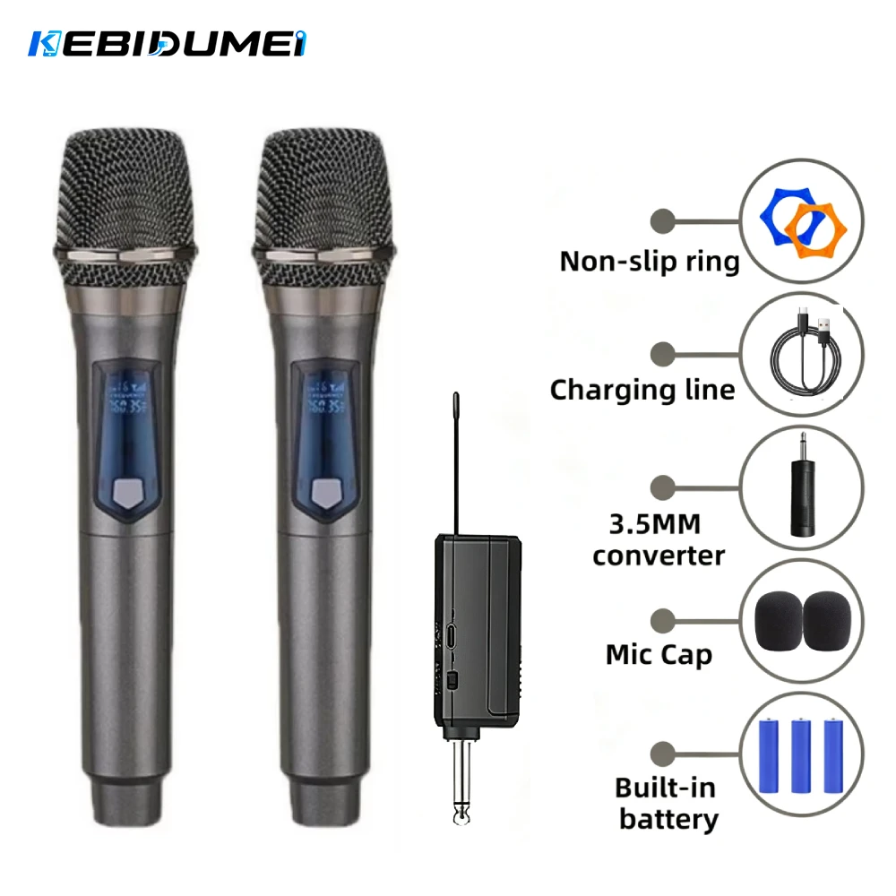 KEBIDUMEI Wireless Microphone UHF Fixed Frequency 2 Channels Handheld Mic For Party Karaoke Professional Church Show Meeting