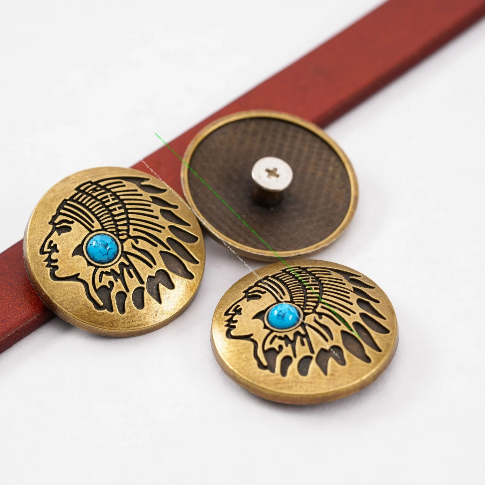 10pcs Retro Brass Turquoise southeast Southwest Indian Head Dress Leathercraft Belt Conchos For leather Handbag Screw Back