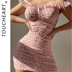 Toucheart Sexy Broken Flowers Fold Sleeping Dress For Women Off Shoulder Ruffles Dress Floral Sweet Girl Slim Sexy Elegant Dress