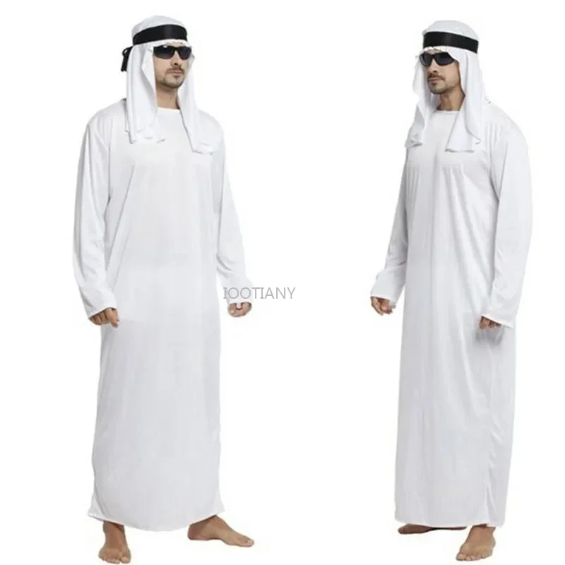 

Adult White Arabic Robe Cosplay Outfits Men Halloween Middle East Arab Prince King Clothes Carnival Parade Traditional Costume