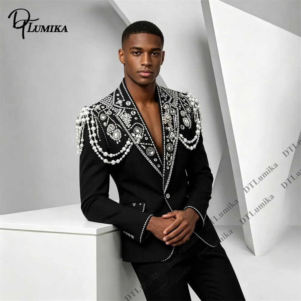 Show-stopping Men's 2 Piece Pearl Rhinestone Suit Blazer Crystal Beaded Shoulder Epaulet Stage Performance Prom Party Tuxedo Set