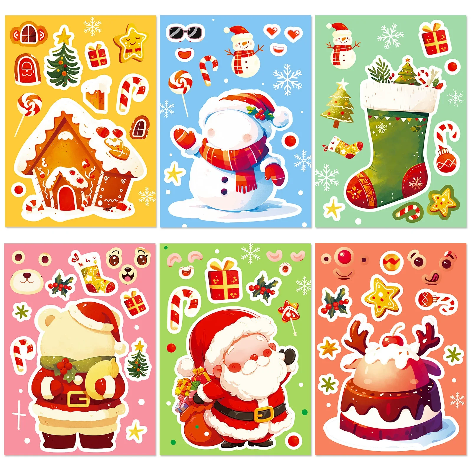 6Pcs Christmas Face Changing Puzzle Stickers, Reusable Snowman Gingerbread House Stickers for Parent-Child Play
