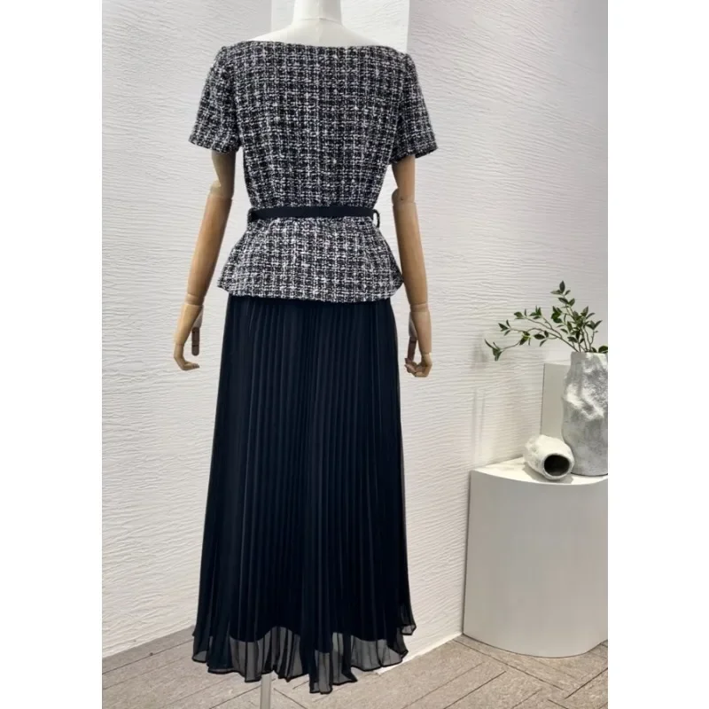 Women's Black Plaid Short Sleeve High Quality New Fashion Ladies 2024 Tweed Off The Shoulder Midi Plaet Dresses