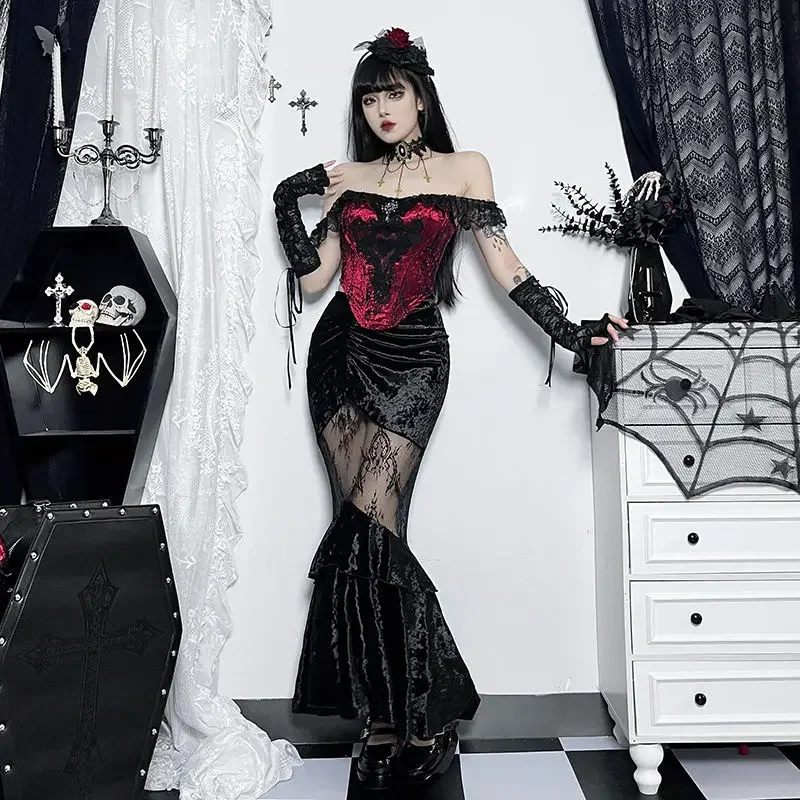 

FC6Dark Lace Hanging Women's Top Goth Style Halloween Half-hollow Long Hip Skirt Sexy Elegance Temperament Autumn@FC8！