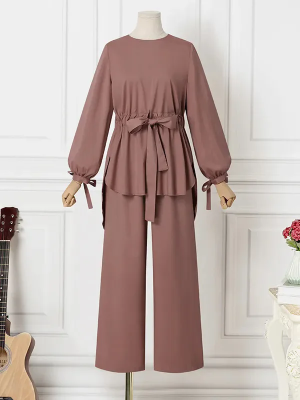 Muslim Modest Two Piece Set Solid Color Drawstring Outfit Round Neck Tie Waist Suit Wide Leg Long Pants Elegant Ensemble