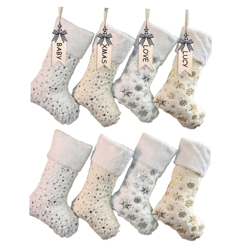 Pack of 4 Christmas Stockings Gold Snowflakes Festive Holiday Mantlepiece Decors Christmas Socks with Snowflakes/Star