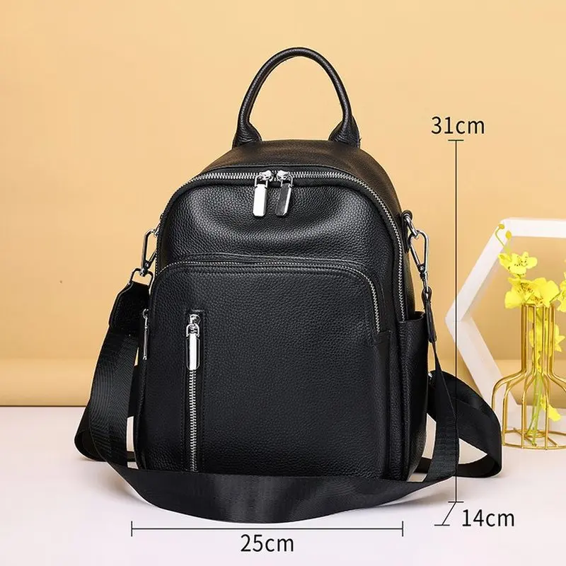 Black Genuine Leather Mini Backpack for Women Small Convertible Shoulder Bag with Front Zipper Pocket and Top Handle Daily Use